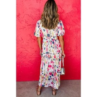 Rose Abstract Print Short Puff Sleeve Tiered Maxi Dress - M thumbnail