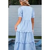 Sky Blue Stripe Bubble Short Sleeve Tiered Scallop Long Dress - L thumbnail