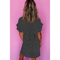 Black Stripe Ruffled Short Sleeve Crew Neck T Shirt Shift Mini Dress - S thumbnail