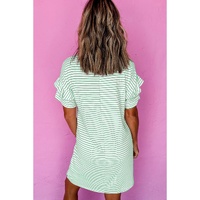 Green Stripe Ruffled Short Sleeve Crew Neck T Shirt Shift Mini Dress - XL thumbnail
