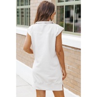 White Textured Half Zip Collared Cap Sleeve Mini Dress - M thumbnail