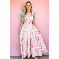 Pink Floral Print Knotted Shoulder Smocked Maxi Dress - L thumbnail