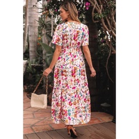 Red Floral Short Sleeve V Neck High Waist Maxi Dress - L thumbnail