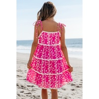 Pink Floral Print Ric Rac Patched Sleeveless Mini Dress - L thumbnail