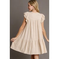 Jet Stream Linen Embroidery Split Neck Pom Pom Ruffle Sleeves Flowy Short Dress - L thumbnail