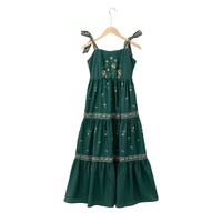 Blackish Green Floral Smocked Back Tied Straps Tiered Maxi Dress - L thumbnail