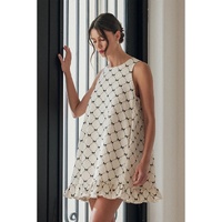 White Bow Checker Pearled Buttons Back Ruffled Sleeveless Mini Dress - L thumbnail