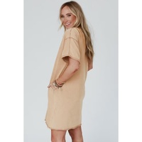 Pale Khaki Mineral Wash Stud Beaded Star Graphic Pocketed T Shirt Dress - S thumbnail