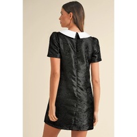 Black Floral Embossed Puff Sleeve Colorblock Bow Collared Mini Dress - L thumbnail