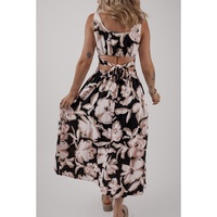 Black Floral Cutout Square Neck Knot Back Sleeveless Maxi Dress - XL thumbnail