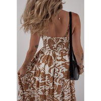 Khaki Floral Shirred High Waist Spaghetti Straps Maxi Dress - L thumbnail