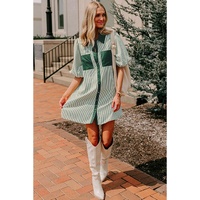 Green Patch Pockets Button Down Short Puff Sleeve Dress - S thumbnail