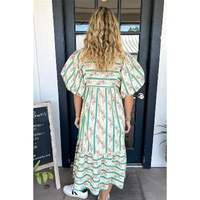 Multicolour Striped Floral Print Tie Split Neck Puff Sleeve Midi Dress - L thumbnail