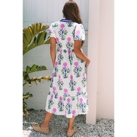White Floral Puff Short Sleeve V Neck High Waist Maxi Dress - S thumbnail