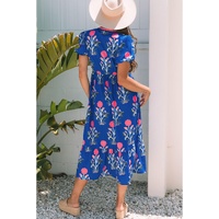 Sky Blue Floral Puff Short Sleeve V Neck High Waist Maxi Dress - L thumbnail