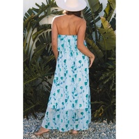 Green Floral Print Ruffled Side Slit Tube Top Maxi Dress - L thumbnail