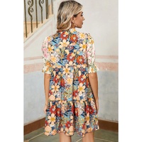 Multicolour Boho Floral Print Crochet Patchwork V Neck Loose Mini Dress - XL thumbnail