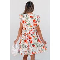 Pink Floral Double Ruffle Sleeve V Neck High Waist Mini Dress - L thumbnail