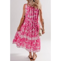 Rose Floral Sleeveless Tasseled Lace-up Neck Tiered Midi Dress - M thumbnail