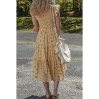 Yellow Boho Floral Print Ruffle Smocked Flowy Summer Dress - L thumbnail