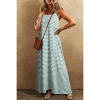 Green Stripe Shirred Frilled High Waist Sleeveless Loose Fit Maxi Dress - XL thumbnail