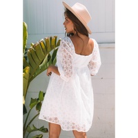 White Floral Lace Puff Sleeve Empire Waist Mini Dress - S thumbnail