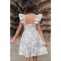 White Floral Print Pipping Trim Flutter Sleeve Mini Dress - XL thumbnail