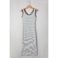 White Stripe Criss Cross Side Slits Slim Fit Sleeveless Midi Dress - L thumbnail