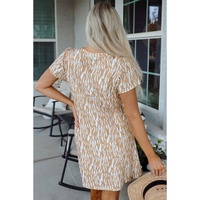 Khaki Abstract Print V Neck Short Sleeve Shift T Shirt Dress - L thumbnail
