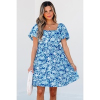 Blue Floral Puff Sleeve Babydoll Mini Dress - L thumbnail