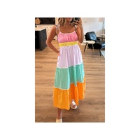 Multicolour Colorblock Self-tie Straps High Waist Flowy Maxi Dress with Pockets - L thumbnail