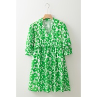 Green Floral Print Puff Half Sleeve V Neck Babydoll Dress - L thumbnail