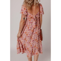 Pink Floral Square Neck Knotted Ruffle Midi Dress - L thumbnail