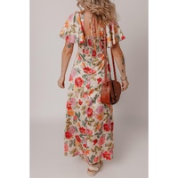 Multicolour Vintage Floral V Neck Short Sleeve Tie Back Long Slit Dress - XL thumbnail