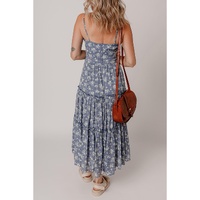 Blue Floral Spaghetti Strap Frilled V Neck Tiered Midi Dress - L thumbnail