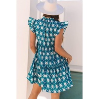 Blue Retro Floral Print Split Neck Ruffle Short Sleeve Dress - L thumbnail