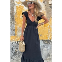 Black V Neck Flutter Sleeve Smocked Bodice High Waist Ruffle Maxi Dress - S thumbnail