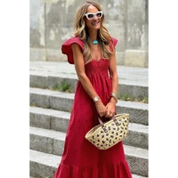 Fiery Red V Neck Flutter Sleeve Smocked Bodice High Waist Ruffle Maxi Dress - L thumbnail
