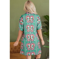 Mint Green Geometric Butterfly Print Split Neck Short Sleeve Dress - L thumbnail