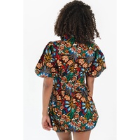 Multicolour Floral Puff Short Sleeve Shirt Mini Dress - M thumbnail
