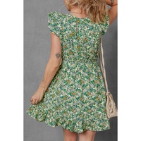 Green Flower Print Flutter Sleeve V Neck Sashed Ruffled Mini Dress - S thumbnail