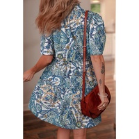 Blue Bohemian Paisley Floral V Neck Short Sleeve Mini Dress - S thumbnail