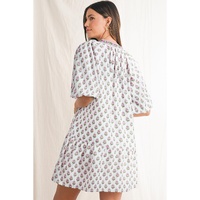 Pink Floral Print Bubble Sleeve Neck Tie Ruffled Dress - L thumbnail