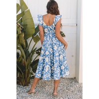 Sky Blue Floral U Neck Flutter Shoulder Tiered Flowy Midi Dress - S thumbnail