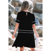 Black Contrast Scallop Trim Bow Detail Half Sleeve Shift Dress - S thumbnail