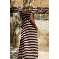 Black Stripe Casual Round Neck T-shirt Maxi Dress with Pockets - M thumbnail