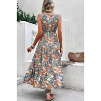 Green Floral Print Trimmed V Neck Tie Waist Sleeveless Holiday Long Dress - M thumbnail
