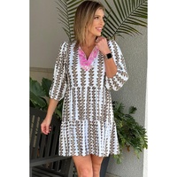Black Contrast Floral V Neck Printed Bracelet Sleeve Dress - L thumbnail