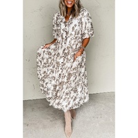 Khaki Floral Puff Sleeve V Neck Buttoned Front Maxi Dress - L thumbnail