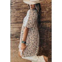 Beige Floral Puff Short Sleeve Empire Waist Mini Dress - L thumbnail